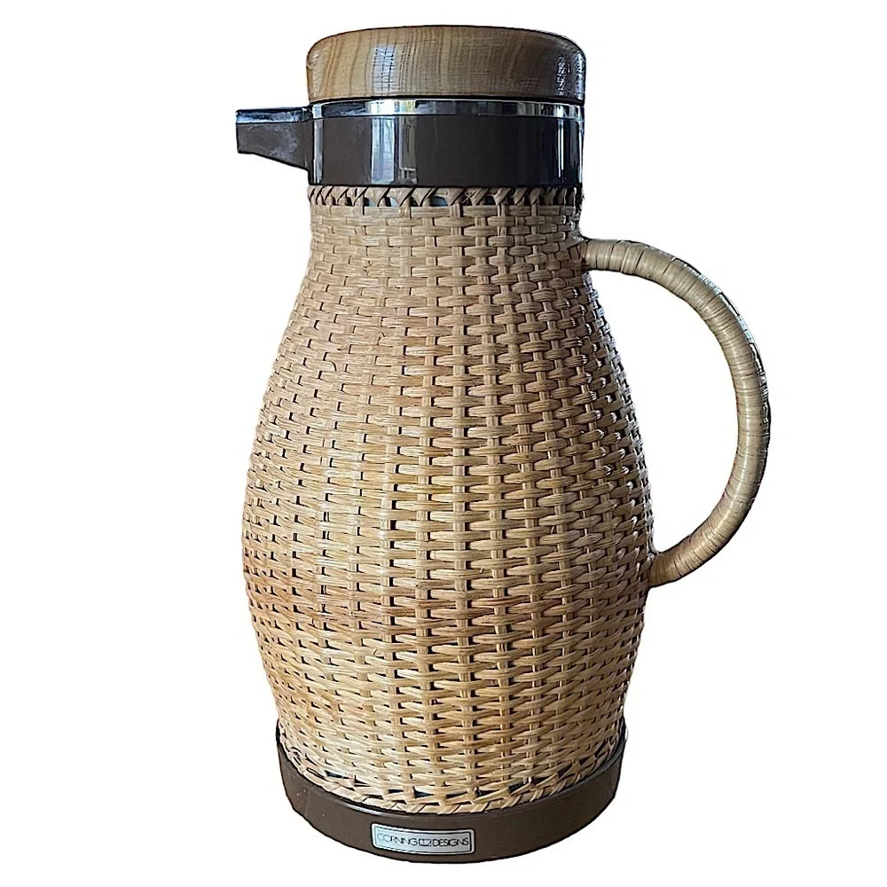 MCM Vintage Corning Designs Wicker Wrapped Thermal Carafe Coffee Thermos